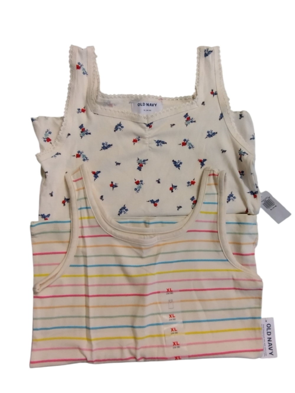 NWT Bundle Of 2 Old Navy Girls' Cream Floral & Stripe Tank Tops SZ 14-16